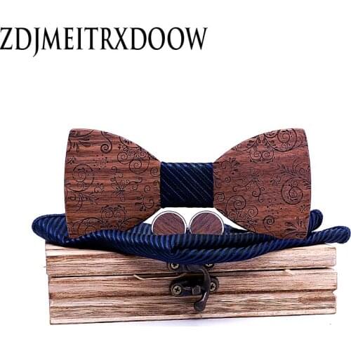 Promotional Navy blue Engraved Wooden Bow Tie Handkerchief Cufflinks Set Custom Bow Tie Wood Pocket Square with Box