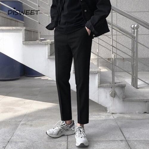 Simple Solid Straight Waist Suit Trousers for Men Korean Slim Button Black Pants Men 2020