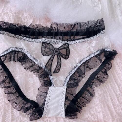 Transparent Lace Underwear Black Bow Polka Dot Sweet Girl Japanese Style Panties Briefs for Women