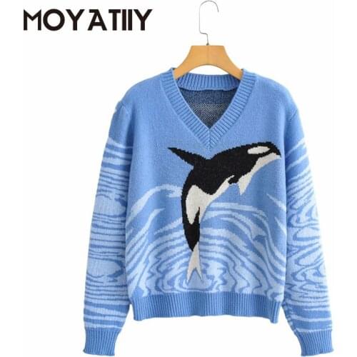 MOYATIIY Fashion Women Autumn Winter Sweaters Casual Pullovers Cartoon Dolphin Parttern Ocean Blue Jumper Loose Female Tops