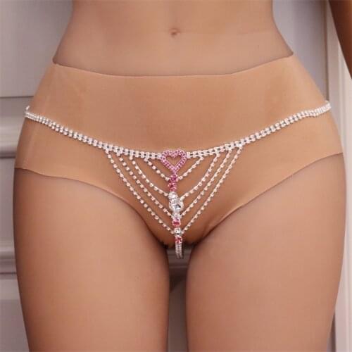 Pink Love Heart Rhinestone Sexy String Thong Pants Body Jewelry for Girl Crystal Charm Body Waist Chain Bikini Underwear Panties