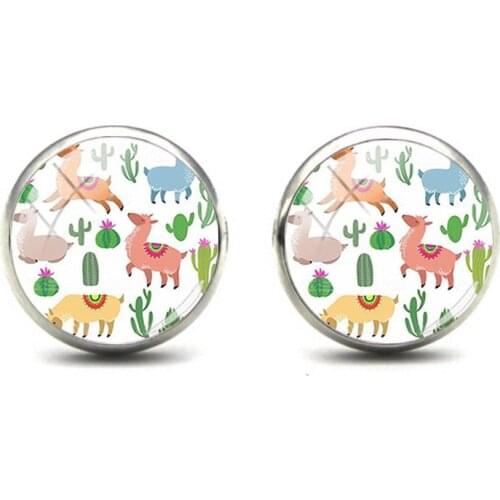 Animal Llama Stud Earrings painting Alpaca Animal Art Picture Glass Cabochon Charms Earrings For Girls Women Jewelry Handmade