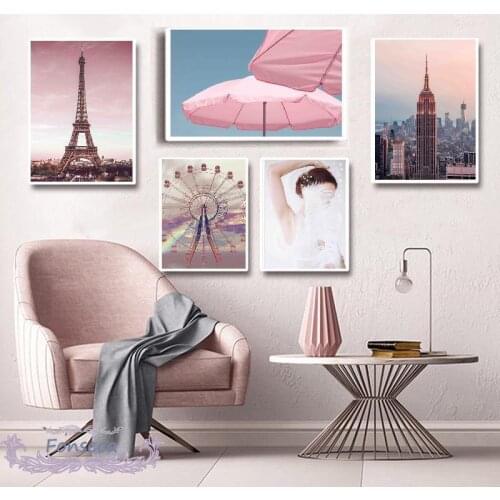 Nordic Pink Ferris Wheel Paris Tower Scenery Poster Empire State Building Mural Canvas Painting for Living Room Wall Art Decor