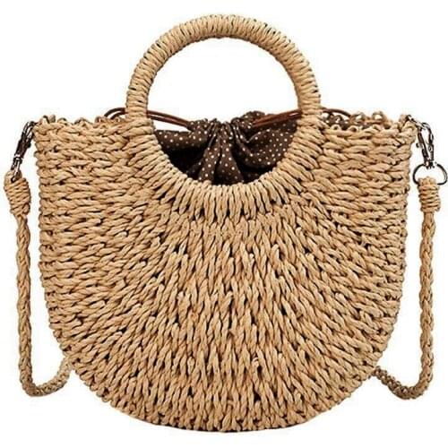 Straw Woven Bag Handmade Rattan Woven Vintage Retro Straw Rope Knitted Women Crossbody Handbag With Ring Fresh Summer Beach Ba