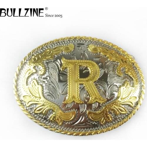 The Bullzine western flower with letter "R" belt buckle with silver and gold finish FP-03702-R for 4cm width snap on belt