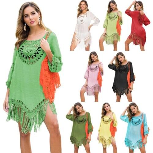 Women Hollow Crochet Swimsuit Cover Ups Fringe Tassels Asymmetric Beach Dress