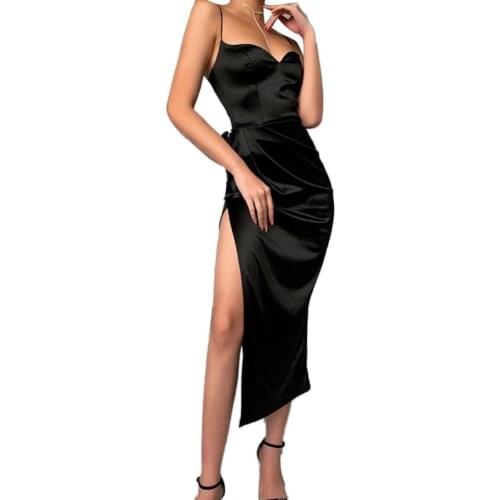 2020 womens summer new sexy slim Vestidos Women V Neck Sleeveless Spaghetti Strap Ruched Side Slit Party Long Dress Club Wear