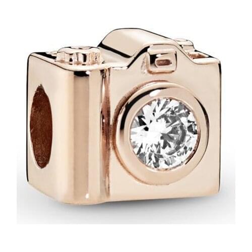 2019 New Original 925 Sterling Silver Bead Rose Gold Camera Charm Clear CZ Fit Pandora Bracelet Bangle DIY Women Jewelry
