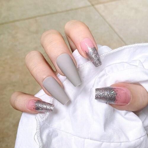 24pcs/Set Long Coffin Fake Nails Mixed Grey Pink Full Finished Glitter Full Cover Beauty Ballet False Nail with Glue faux Ongles