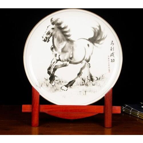 40cm Chinese Large Bone China Porcelain achieve immediate victory Ceramic Decoration Plate Wood Base Set Birthday Gift