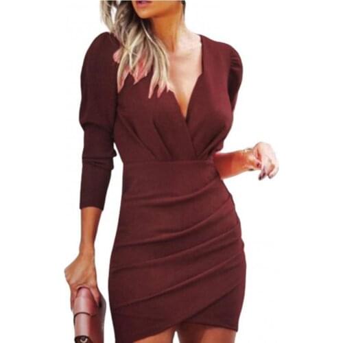70% Hot Sell Women Fashion Deep V Neck Long Sleeve Waist Tight Bodycon Pleated Mini Dress