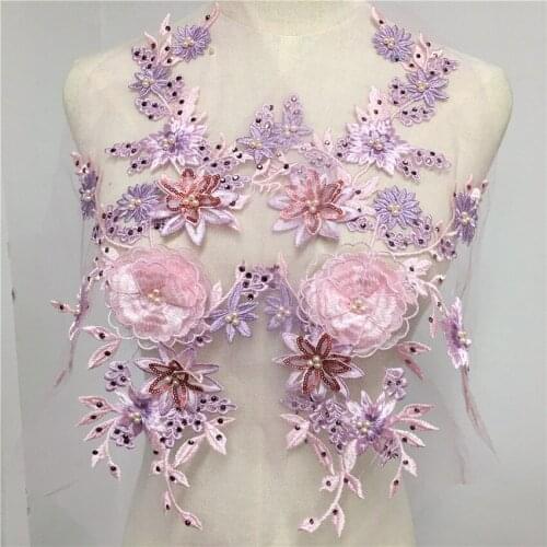 2pc 3D Flower Pearl Beaded Lace Applique Colorful Embroidery Mesh Sequins DIY Lace Fabric Trim Patch 40*23cm