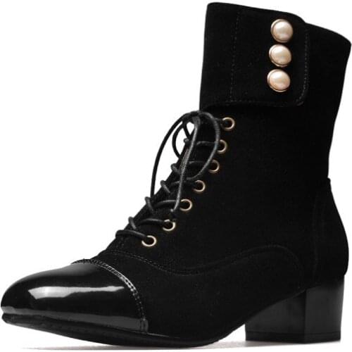 Big Size Square head pearl lace up Martin boots boots women shoes ankle boots for women ladies boots shoes woman winter