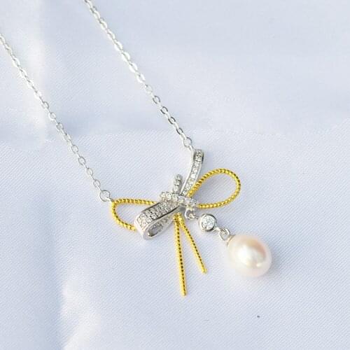 MADALENA SARARA Sterling Silver S925 8mm AAA Freshwater Pearl Pendant Chain Necklace knotbow Style