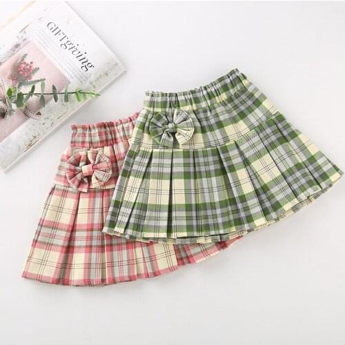 Four Seasons Girls Anti-glare Safety A-line Skirts Children Japanese Plaid Pleated Uniform Bowtie Skirt