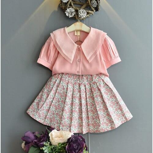 Childrens clothing 2021 summer new girl sweet organza ruffled collar puff sleeve shirt floral pleated skirt suit kids clothes