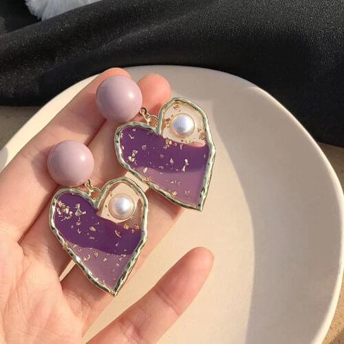 Yaologe Korean Heart-shaped Earrings Sweet Romantic Purple Pink Dangle Drop Earrings 2020 Dating Vacation Selfie Girl Jewelry