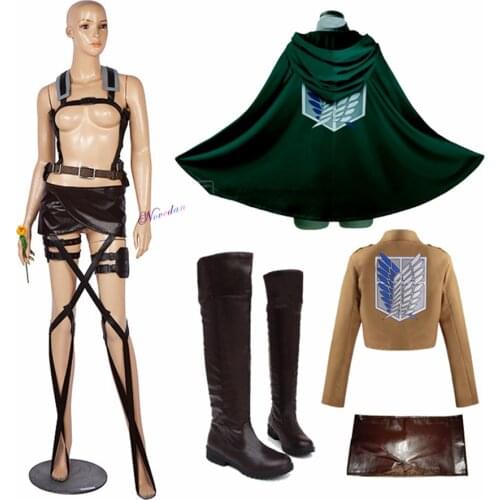 Anime Attack on Titan Cosplay Shingeki no Kyojin Jacket Recon Corps Leather Boots Skirt Belts Suspenders Ackerman Costume