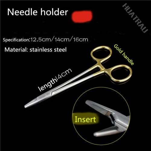 Medical Ophthalmology surgery thin Needle holder 12.5 14 16 26cm skin suture forcep gold handle Insert TC Cosmetology instrument