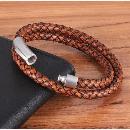 Fashion Sporty Rope Wrap Long Leather Bracelet For Men Bangles Male Hand-Woven Charm Jewelry Stainless Steel Button With 2 Laps