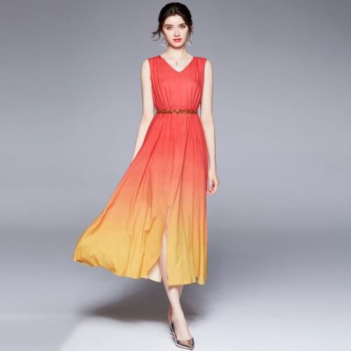 New Women Dress Summer 2021 Elegant Fashion Gradient Sexy V-Neck Sleeveless High Waist Slim Split Long Dress