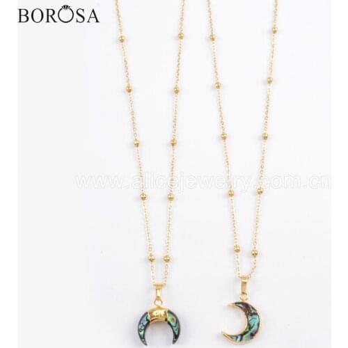 BOROSA Gold Crescent Abalone Shell Rosary Necklace for Women Fashion 20" Natural Horn Shell Pendant Necklace Statement G1717