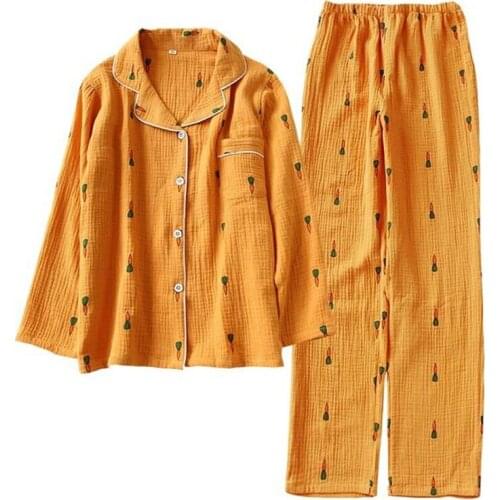 Comfort New 2PCS Cotton Women Pajamas Set Turn-down Collar Sleepwear Set Female Cute Cartoon Carrot Printed Homewear Long Pants