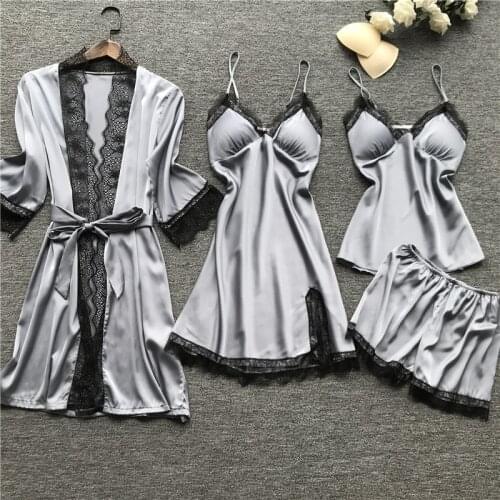 Pajama Sets 4 piece Ladies Sexy silk Tops + short Pants Night Women Nighties Nightwear Homewear