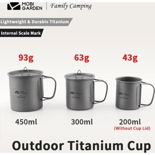MOBI GARDEN Outdoor Camping Titanium Cup 450ml/300ml/200ml Water/Tea Cup Ultralight Folding Handle With Cup Cover 3 Sizes