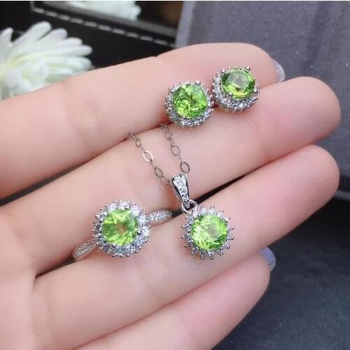 S925 silver natural green peridot ring pendant earrings natural gemstone jewelry set Luxurious Sun flower woman party jewelry