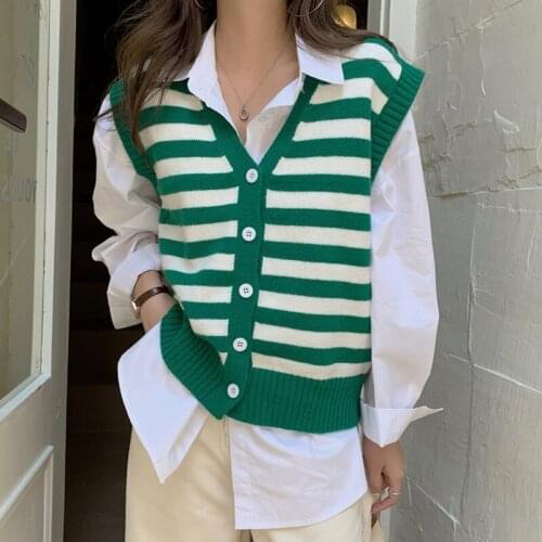 Chic Korean Striped Sweater Vest Women 2021 Autumn Winter V Neck Single-breasted Knitted Vest Sleeveless Jecket Chaleco Mujer