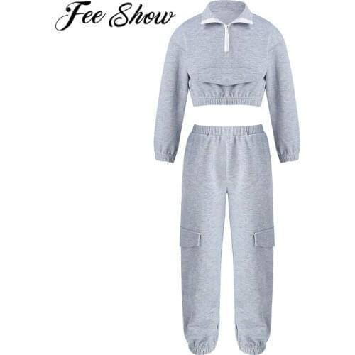 Kids Girls Pure Color Sport Outfits Gym Fitness Tracksuits Long Sleeves Front Zipper Crop Top Elastic Waistband Long Pants Sets