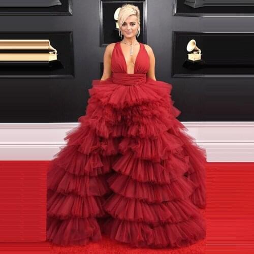 Grammy Celebrity Formal Evening Dresses Red Tulle Tiered Deep V-Neck Cross Back Long Party Gowns vestido das celebridades