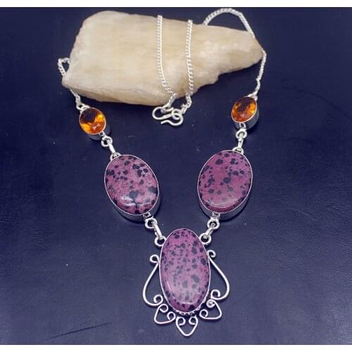 Gorgeous Unique DalmatianJasper HoneyTopaz Silver Color Women Necklace Chain 19 Inch HD194