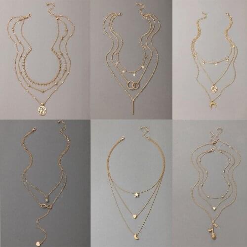 Vintage Multilevel Collar Necklace For Women Female Gold Geometric Thin Chain Earth Star Rose Moon Heart Pendant Jewelry Gift