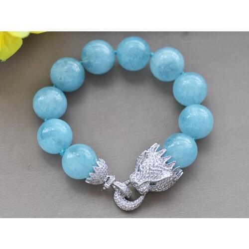 Z10628 8" 16mm Blue Aquamarine Round Bead Bracelet CZ