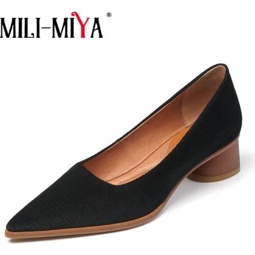 MILI-MIYA New Arrival Women Flock Pumps Sexy Pointed Toe Low Thick Heels Black Color Slip On Dress Party Shoes Size 34-40