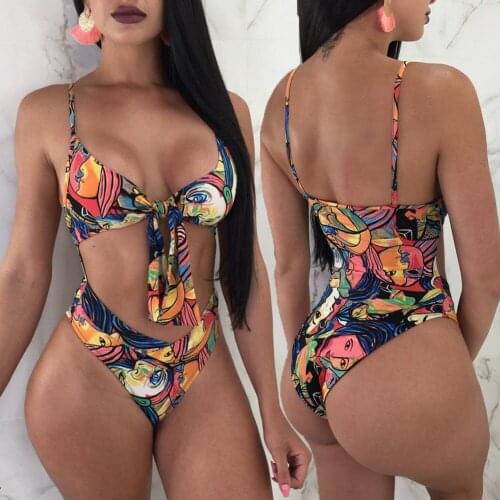Womens One Piece Swimsuit Ladies Swim Triquini Swimwear Beach Wear Print Bandage Cut Out Trikini Monokini Swimming Bathing Suit