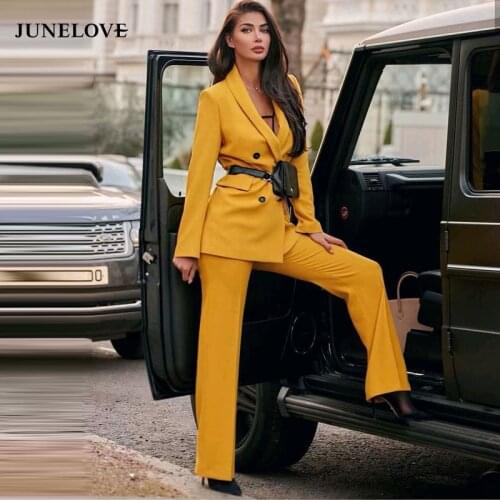 JuneLove Women Chic Yellow Blazer Double Breasted Long Sleeve Office Lady Wear Coat Solid Female Casual Outerwear Tops Bottoms