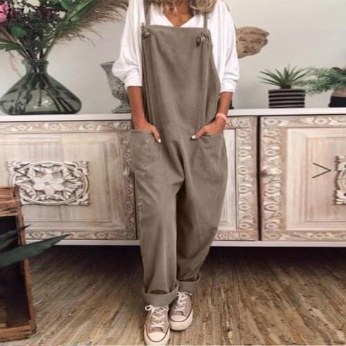 ZANZEA Womens Jumpsuit Khaki Rompers Strap High Street Overalls Autumn Long Casual Solid Pockets Loose Jumpsuit Oversized
