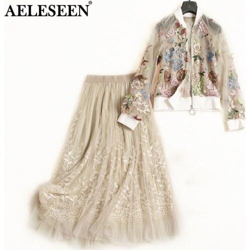 AELESEEN Top Quality Runway 2 Piece Suit Women Autumn Floral Embroidery Long Lantern Sleeve Perspect Mesh Top +Luxury Skirt Set