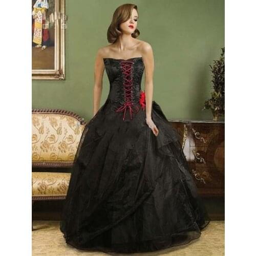 Popular Strapless Ruffle Lace Up Ball Gown Black Wedding Dresses Bridal Gowns vestido de novia robe de mariage Free Shipping QM