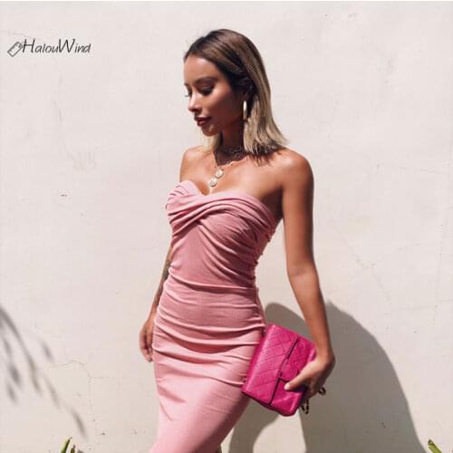 2019 Sexy Evening Party Tube Dress Women Slash Neck Sleeveless Slim Bodycon Dresses Robe Fold Elegant Midi Ladies Vestido Pink