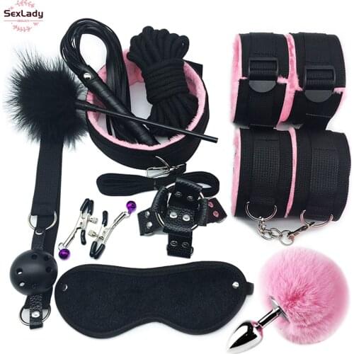 11pcs/set BDSM Sex Bondage Set Handcuffs Gag Whip Erotic Toys Adult Sex Toys for Women Couples Sex Anal Butt Plug Tail