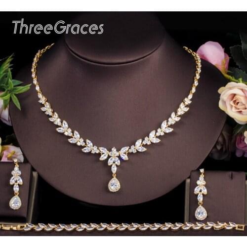 ThreeGraces Dubai Gold 3Pcs Water Drop CZ Wedding Necklace Earrings and Bracelet Luxury Prom Costume Jewelry Set for Women JS629
