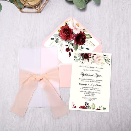 50pcs Wedding Invitations Burgundy Color with Flower Envelope, Ribbon for Wedding