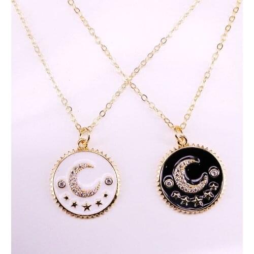6PCS, Round Enamel Cubic Zirconia Moon Charm Pendant Necklaces White/Black Enamel Necklace For Women Girl