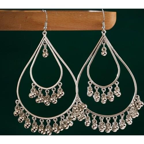 Bohemia Retro Silver Color Earrings For Women Geometric Carved Ethnic Beads Earring Turk Jewelry Jhumka Indian