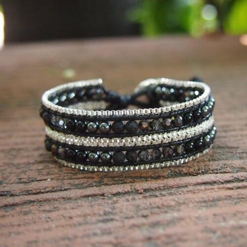 Round Lava Stone Beads Wrap Bracelet for Women Stainless Steel Chains Multi Rows Crystals Hematite Onyx Beaded Bracelets Boho