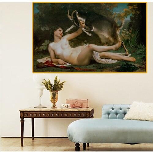 Citon Canvas Oil painting William Adolphe Bouguereau《Naked girl and goat》Art Poster Picture Modern Wall Decor Home Decoration